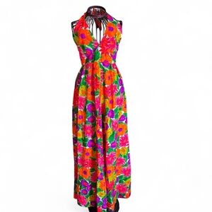 Vintage 60s Hawaiian Floral Vibrant Day Glo Halter Maxi Dress Womens S/XS